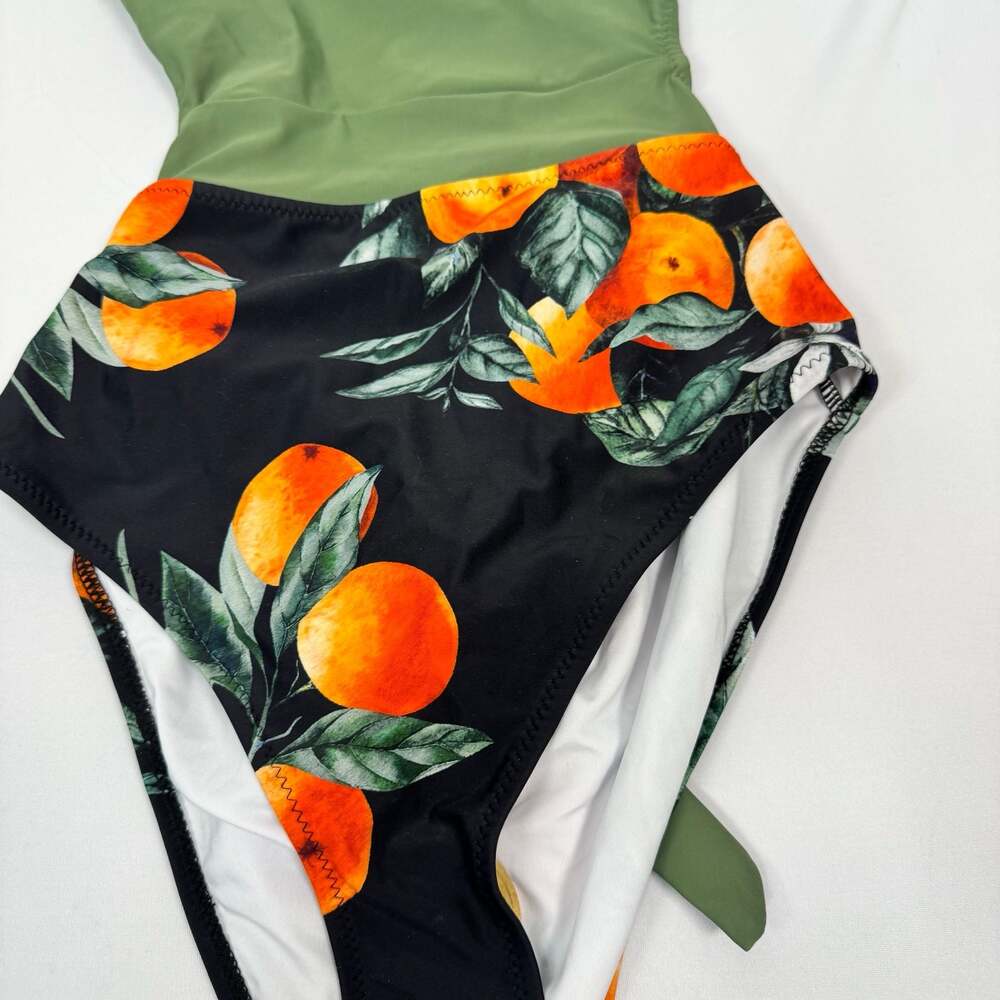 Cupshe Green & Orange Citrus Print Cutout Tie Back One Piece Swimsuit Size M - Picture 2 of 9